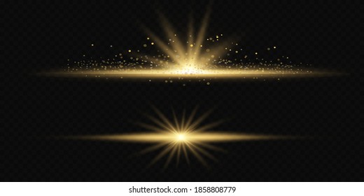 yellow horizontal lens flares pack. Laser beams, horizontal light rays. Beautiful light flares. Glowing streaks on dark background. Luminous abstract sparkling lined background.