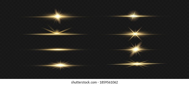 yellow horizontal lens flares pack. Laser beams, horizontal light rays. Beautiful light flares. Glowing streaks on dark background. Luminous abstract sparkling lined background.