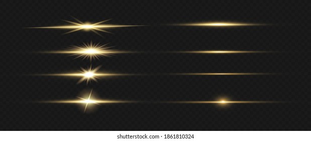 yellow horizontal lens flares pack. Laser beams, horizontal light rays. Beautiful light flares. Glowing streaks on dark background. Luminous abstract sparkling lined background.