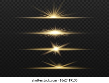 yellow horizontal lens flares pack. Laser beams, horizontal light rays. Beautiful light flares. Glowing streaks on dark background. Luminous abstract sparkling lined background.