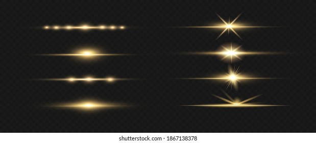 yellow horizontal lens flares pack. Laser beams, horizontal light rays. Beautiful light flares. Glowing streaks on dark background. Luminous abstract sparkling lined background.