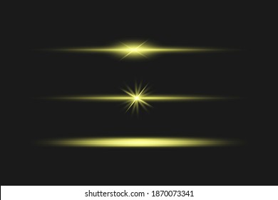 yellow horizontal lens flares pack. Laser beams, horizontal light rays.Beautiful light flares. Glowing streaks on dark background. Luminous abstract sparkling lined background.