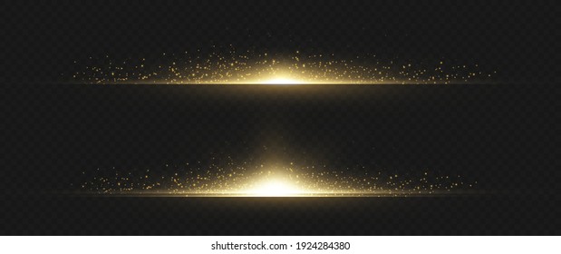 yellow horizontal lens flares pack. Laser beams, horizontal light rays. Beautiful light flares. Glowing streaks on dark background. Luminous abstract sparkling lined background.