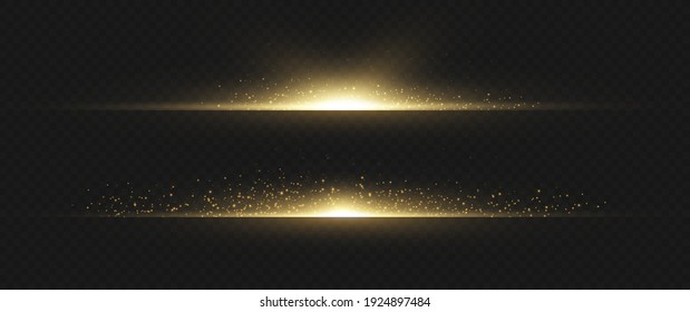 yellow horizontal lens flares pack. Laser beams, horizontal light rays. Beautiful light flares. Glowing streaks on dark background. Luminous abstract sparkling lined background.