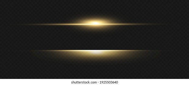 yellow horizontal lens flares pack. Laser beams, horizontal light rays. Beautiful light flares. Glowing streaks on dark background. Luminous abstract sparkling lined background.