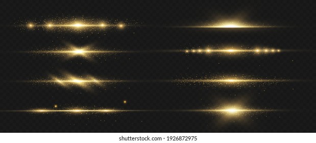 yellow horizontal lens flares pack. Laser beams, horizontal light rays. Beautiful light flares. Glowing streaks on dark background. Luminous abstract sparkling lined background.