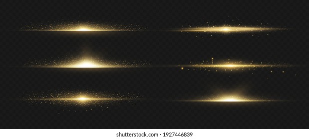 yellow horizontal lens flares pack. Laser beams, horizontal light rays. Beautiful light flares. Glowing streaks on dark background. Luminous abstract sparkling lined background.