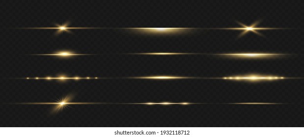 yellow horizontal lens flares pack. Laser beams, horizontal light rays. Beautiful light flares. Glowing streaks on dark background. Luminous abstract sparkling lined background.