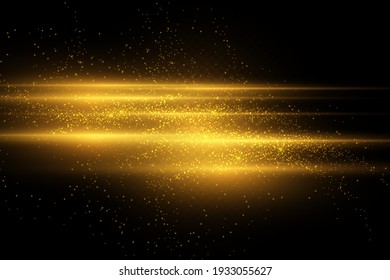 yellow horizontal lens flares pack. Laser beams, horizontal light rays. Beautiful light flares. Glowing streaks on dark background. Luminous abstract sparkling lined background.