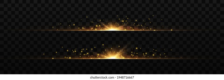 paquete de bengalas horizontales amarillas. Vigas láser, rayos de luz horizontales. Bellas llamaradas. Rasgos brillantes sobre fondo oscuro. Luminoso fondo brillante abstracto. Ilustración del vector