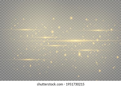 yellow horizontal lens flares pack. Laser beams, horizontal light rays. Beautiful light flares. Glowing streaks on dark background. Luminous abstract sparkling lined background.