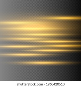 Paquete de bengalas horizontales amarillas. Vigas láser, rayos de luz horizontales. Bellas llamaradas. Rasgos brillantes sobre fondo oscuro. Luminoso fondo brillante abstracto.