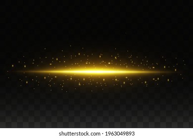 Yellow horizontal lens flares pack. Laser beams, horizontal light rays.Beautiful light flares. Glowing streaks on dark background.