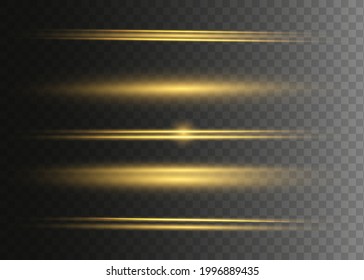 yellow horizontal lens flares pack. Laser beams, horizontal light rays. Beautiful light flares. Glowing streaks on dark background. Luminous abstract sparkling lined background.