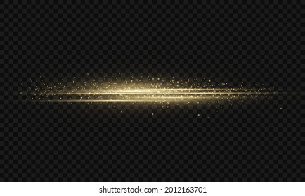 yellow horizontal lens flares pack. Laser beams, horizontal light rays. Beautiful light flares. Glowing streaks on dark background. Luminous abstract sparkling lined background.