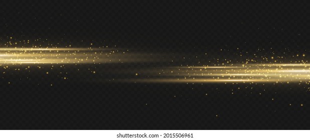 yellow horizontal lens flares pack. Laser beams, horizontal light rays. Beautiful light flares. Glowing streaks on dark background. Luminous abstract sparkling lined background.