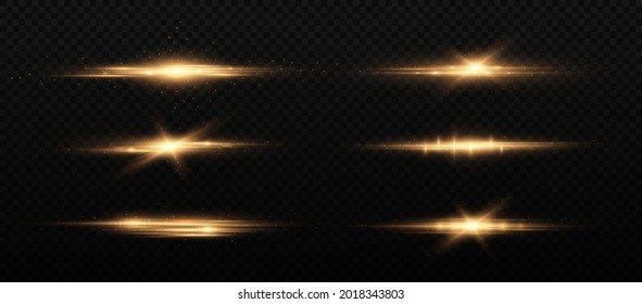 Yellow horizontal lens flares pack. Glowing streaks on dark background. Beautiful light flares. 