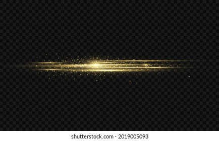 yellow horizontal lens flares pack. Laser beams, horizontal light rays. Beautiful light flares. Glowing streaks on dark background. Luminous abstract sparkling lined background.