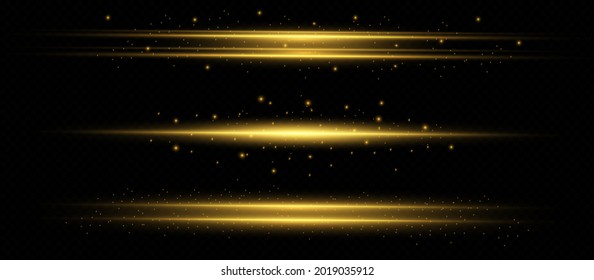 yellow horizontal lens flares pack. Laser beams, horizontal light rays. Beautiful light flares. Glowing streaks on dark background. Luminous abstract sparkling lined background.