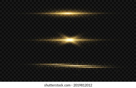 paquete de bengalas horizontales amarillas. Vigas láser, rayos de luz horizontales. Bonitas bengalas. Rasgos brillantes sobre fondo oscuro. Luminoso fondo brillante abstracto.