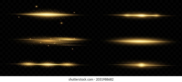 yellow horizontal lens flares pack. Laser beams, horizontal light rays. Beautiful light flares. Glowing streaks on dark background. Luminous abstract sparkling lined background.