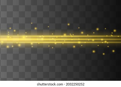 Yellow horizontal lens flares pack. Laser beams, horizontal light rays.Beautiful light flares. Glowing streaks on dark background. Luminous abstract sparkling lined background.