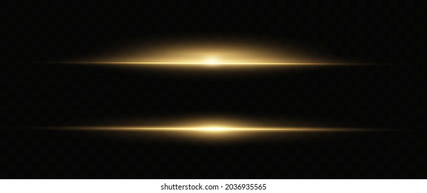 yellow horizontal lens flares pack. Laser beams, horizontal light rays. Beautiful light flares. Glowing streaks on dark background. Luminous abstract sparkling lined background.