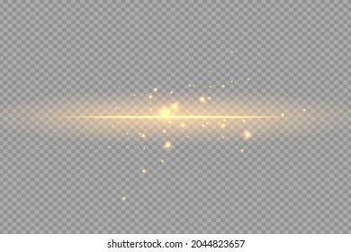 yellow horizontal lens flares pack. Laser beams, horizontal light rays. Beautiful light flares. Glowing streaks on dark background. Luminous abstract sparkling lined background.