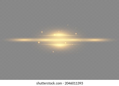 yellow horizontal lens flares pack. Laser beams, horizontal light rays. Beautiful light flares. Glowing streaks on dark background. Luminous abstract sparkling lined background.