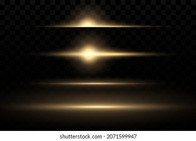 Yellow horizontal lens flares pack. Laser beams, horizontal light rays. Beautiful light flares. Glowing streaks on dark background. 
