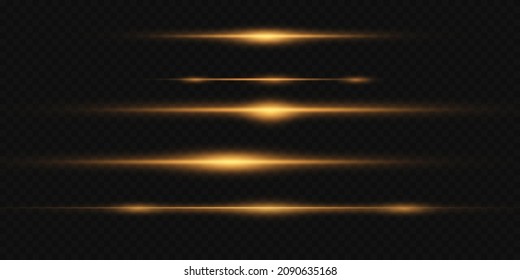 paquete de bengalas horizontales amarillas. Vigas láser, rayos de luz horizontales. Bonitas bengalas. Rasgos brillantes sobre fondo oscuro. Luminoso fondo brillante abstracto.