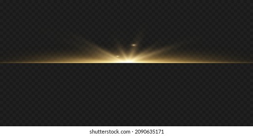 yellow horizontal lens flares pack. Laser beams, horizontal light rays. Beautiful light flares. Glowing streaks on dark background. Luminous abstract sparkling lined background.