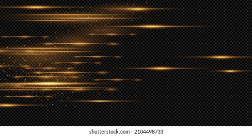 yellow horizontal lens flares pack. Laser beams, horizontal light rays. Beautiful light flares. Glowing streaks on dark background. Luminous abstract sparkling lined background.