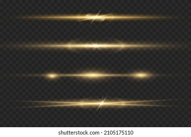 yellow horizontal lens flares pack. Laser beams, horizontal light rays. Beautiful light flares. Glowing streaks on dark background. Luminous abstract sparkling lined background.