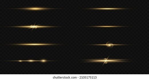 yellow horizontal lens flares pack. Laser beams, horizontal light rays. Beautiful light flares. Glowing streaks on dark background. Luminous abstract sparkling lined background.