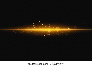 Yellow horizontal lens flares pack. Laser beams, horizontal light rays. Beautiful light flares. Glowing streaks on dark background. 