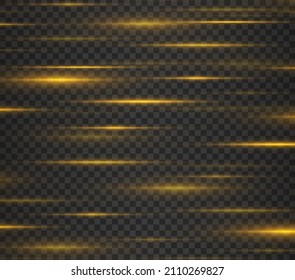 Yellow horizontal lens flares pack. Glowing streaks on dark background. Beautiful light flares.
