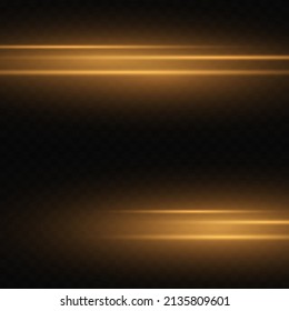 yellow horizontal lens flares pack. Laser beams, horizontal light rays. Beautiful light flares. Glowing streaks on dark background. Luminous abstract sparkling lined background.