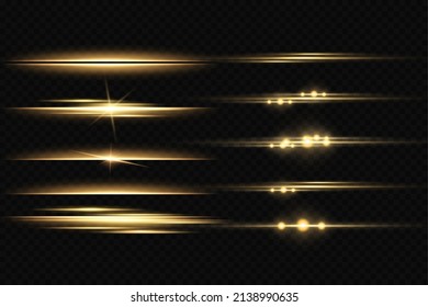 Yellow horizontal lens flares pack. Laser beams, horizontal light rays. Beautiful light flares. Glowing streaks on dark background. 