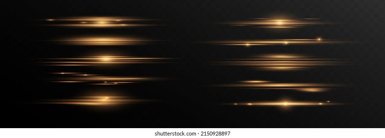 yellow horizontal lens flares pack. Laser beams, horizontal light rays. Beautiful light flares. Glowing streaks on dark background. Luminous abstract sparkling lined background.