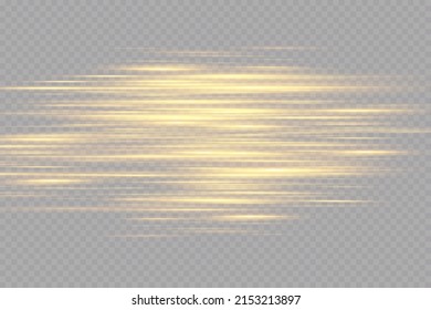 Yellow horizontal lens flares pack. Laser beams, horizontal light rays. Beautiful light flares. Glowing streaks on dark background. 