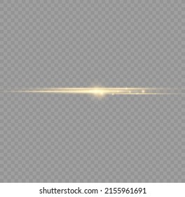 Yellow horizontal lens flares pack. Laser beams, horizontal light rays. Beautiful light flares. Glowing streaks on light background. Luminous abstract sparkling lined background.