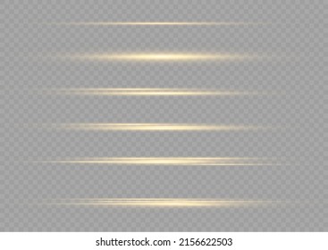 Yellow horizontal lens flares pack. Laser beams, horizontal light rays. Beautiful light flares. Glowing streaks on light background. Luminous abstract sparkling lined background.