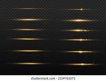 Yellow horizontal lens flares pack. Laser beams, horizontal light rays. Beautiful light flares. Glowing streaks on light background. Luminous abstract sparkling lined background.
