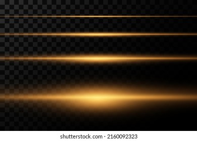 Yellow horizontal lens flares pack. Laser beams, horizontal light rays. Beautiful light flares. Glowing streaks on transparent background. Luminous abstract sparkling lined background.