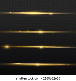 Yellow horizontal lens flares pack. Laser beams, horizontal light rays. Beautiful light flares. Glowing streaks on light background. Luminous abstract sparkling lined background.