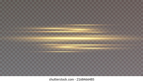 Yellow horizontal lens flares pack. Laser beams, horizontal light rays. Beautiful light flares. Glowing streaks on dark background. 