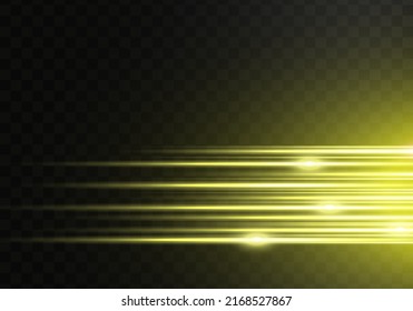 Yellow horizontal lens flares pack. Abstract set of light flares, laser beams, sparkling lined, horizontal light rays. Vector illustration.
