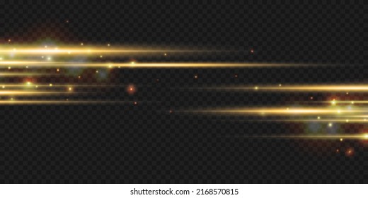 Gelbe Fackelpackung mit horizontalen Objektiven. Laserstrahlen, horizontale Lichtstrahlen. Schöne Lichtstrahlen. Glühende Streifen auf dunklem Hintergrund. Leuchtender abstrakter, funkelnder Hintergrund.
