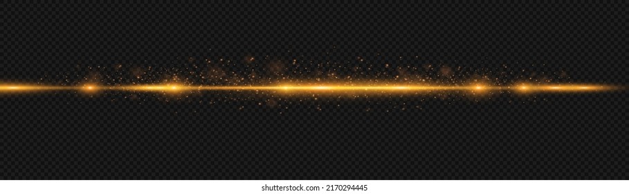 Yellow horizontal lens flares pack. Laser beams, horizontal light rays. Beautiful light flares. Flash light with fairy dust sparks and golden stars shine. Dusty shine light.